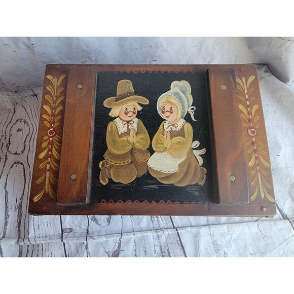 Vintage Hand Painted Wooden Thanksgiving Folk Art Box 8x5.2x5.2in - Picture 3 of 12